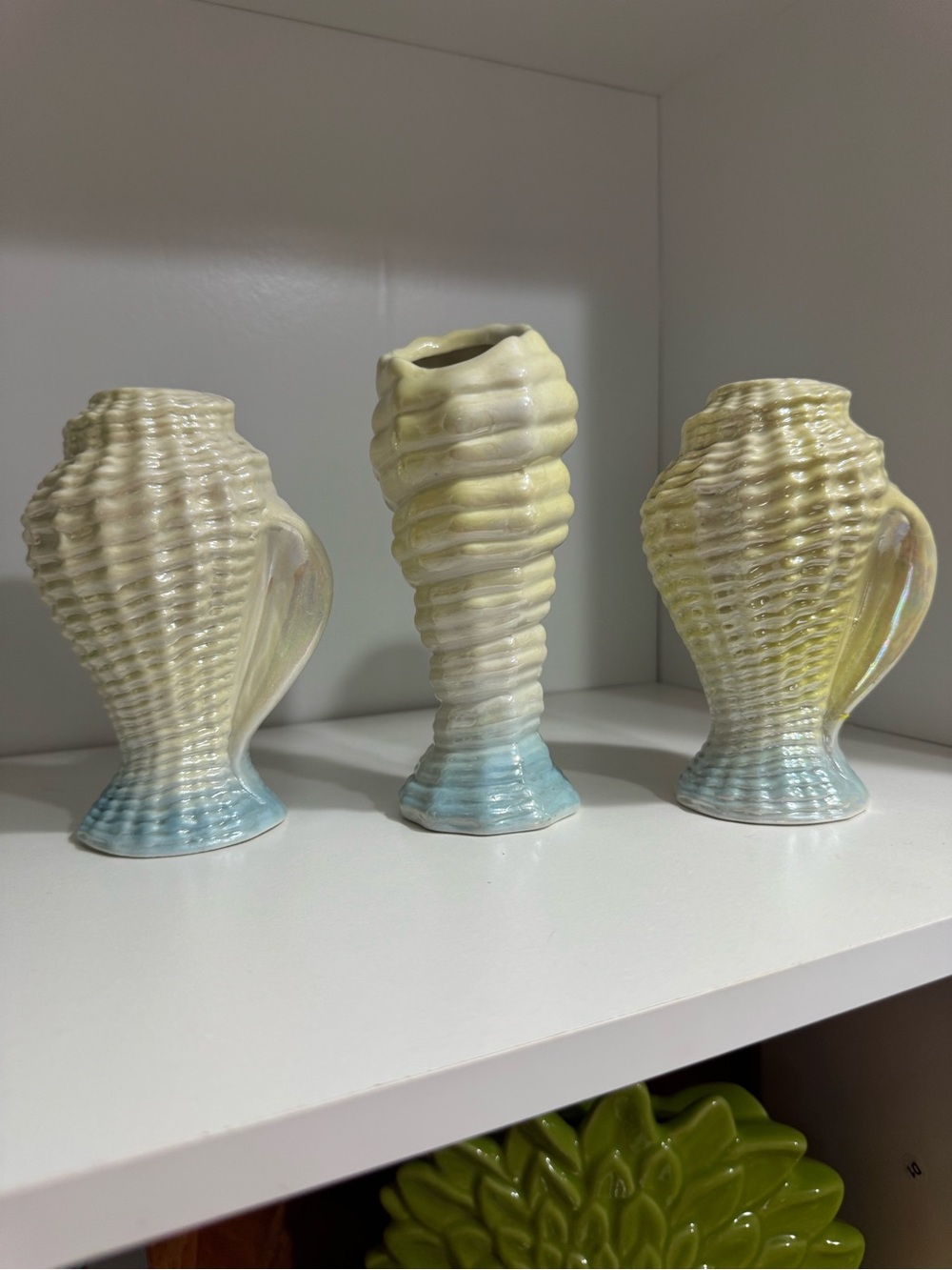 Ceramic Seashell Accent Vases in Pale Yellow and Aqua - Set of 3